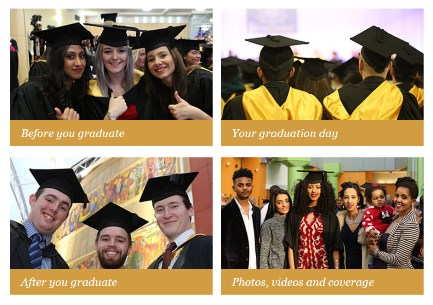 4 images of University of Bradford Students wearing Cap and Gowns at their graduations. 