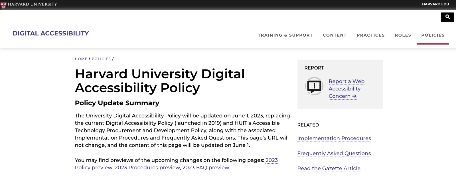 Harvard Accessibility Policy screenshot from website