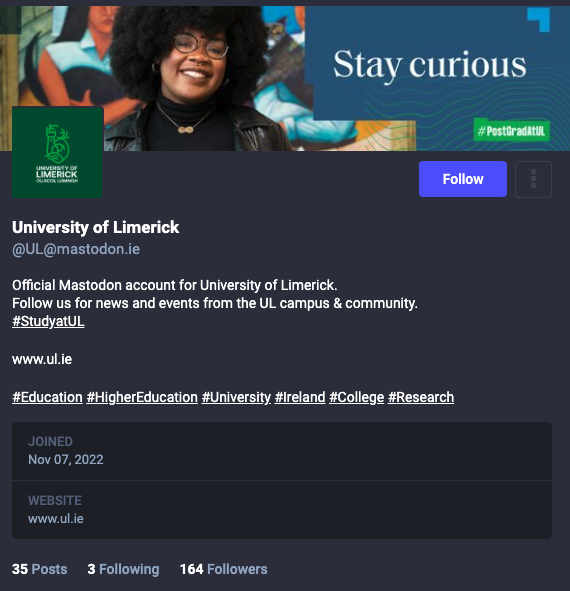 Mastodon University of Limerick account