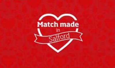 Red background with image of a heart outline with text 'Made made in Salford'